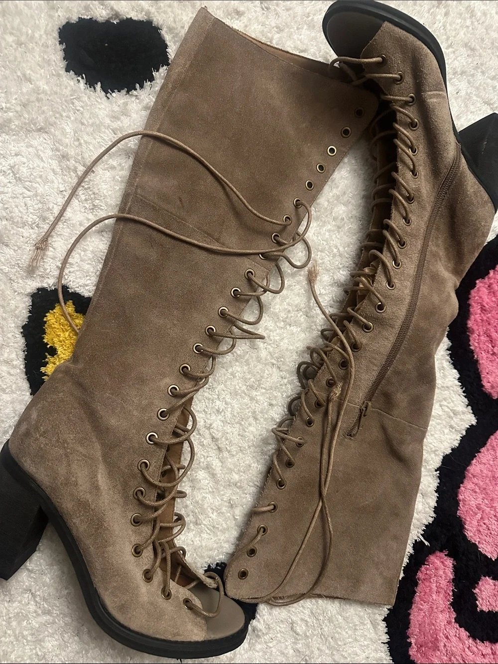 JEFFREY CAMPBELL Lace-Up Over-the-Knee Suede Boots in Taupe - Picture 1 of 4